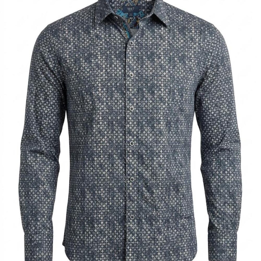 Robert Graham Mens M Blue Geometric Classic Fit Flip Cuff Shirt
